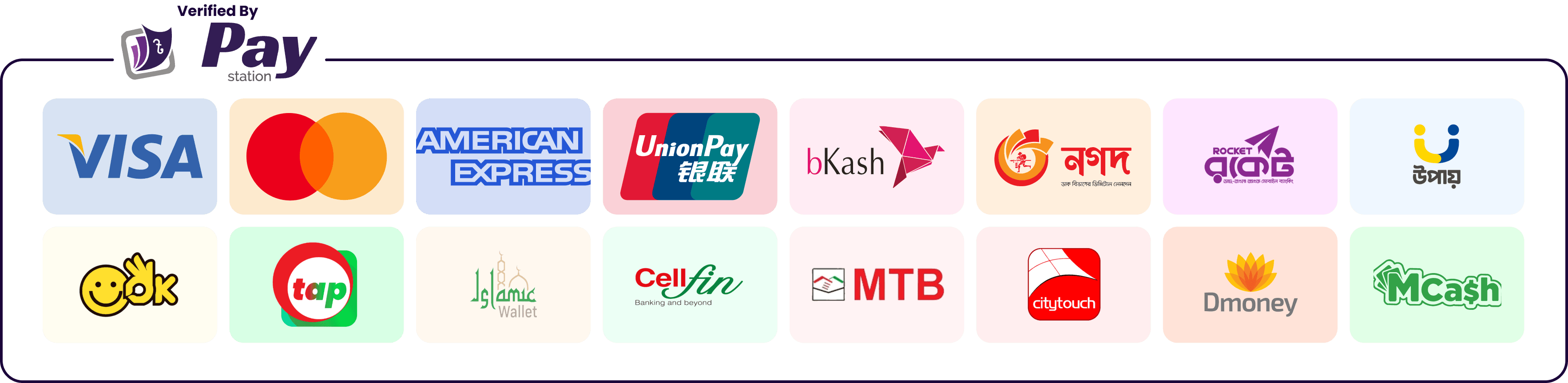 Accepted payment methods: Visa, Mastercard, American Express, UnionPay, bKash, Nagad, Rocket, Upay, OK Wallet, Tap, Islamic Wallet, CellFin, MTB, citytouch, Dmoney, MCash — verified by Paystation