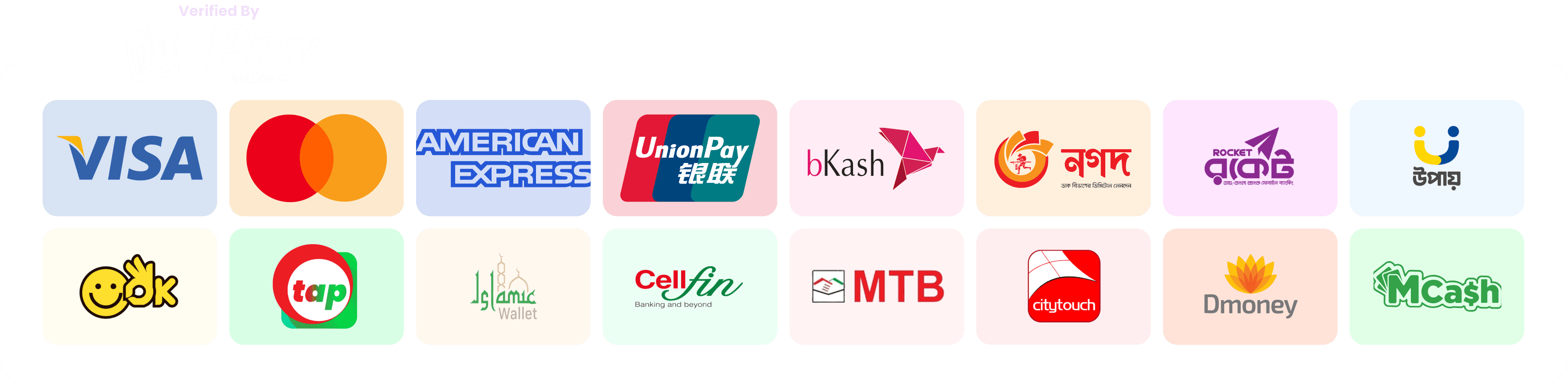 Accepted payment methods: Visa, Mastercard, American Express, UnionPay, bKash, Nagad, Rocket, Upay, OK Wallet, Tap, Islamic Wallet, CellFin, MTB, citytouch, Dmoney, MCash — verified by Paystation