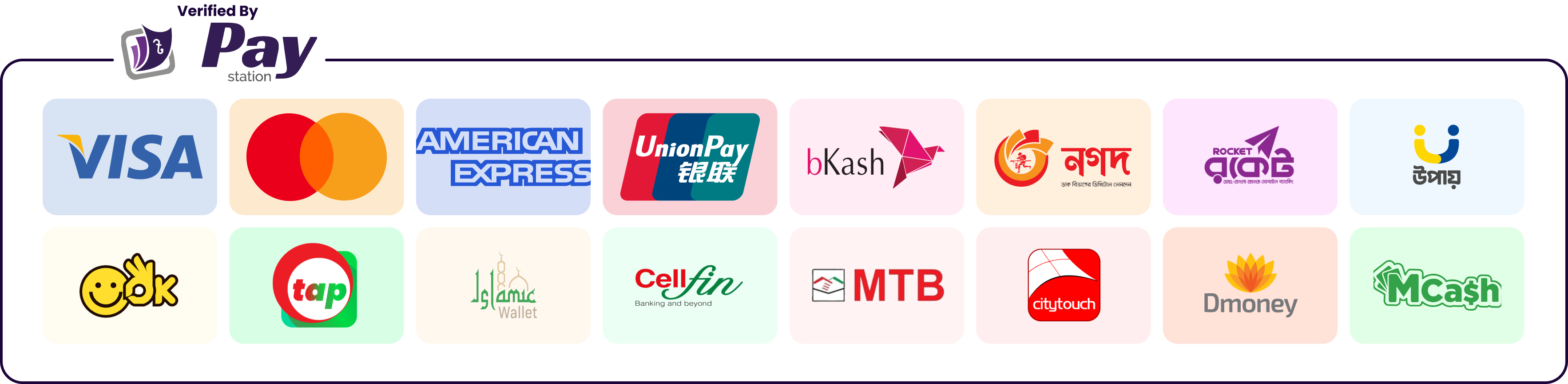 Verified by Paystation — accepted payment methods: Visa, Mastercard, American Express, UnionPay, bKash, Nagad, Rocket, Upay, OK, tap, Islamic Wallet, Cellfin, MTB, Citytouch, Dmoney, MCash